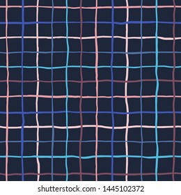 Colorful plaid, check, square vector seamless pattern, dark blue texture. Hand drawn uneven cute crossing stripes, wavy lines, streaks, bars. Chequered geometrical colourful, multi color background