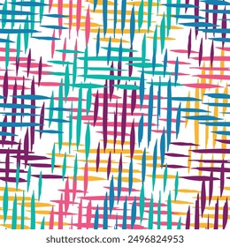 Colorful plaid, check, square vector seamless pattern, dark blue texture. Mulri colored bold brush strokes seamless pattern. 