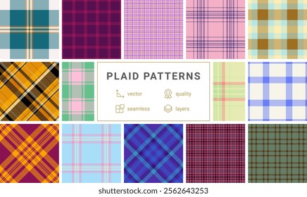 Colorful plaid designs featuring horizontal stripes, ideal for textile prints, invitations, and repeating wallpapers with a Scottish influence.