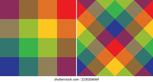 Colorful plaid pattern in blue, red, green, yellow. Seamless multicolored bright abstract geometric vector tartan buffalo check with herringbone texture for tablecloth, picnic blanket, other prints.