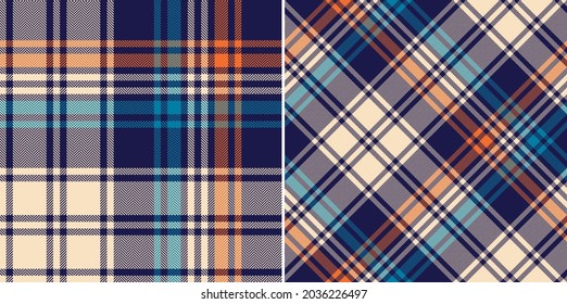 Colorful plaid pattern in navy blue, orange, beige. Seamless dark herringbone tartan check vector for modern flannel shirt, blanket, duvet cover, other spring autumn winter fashion fabric design.
