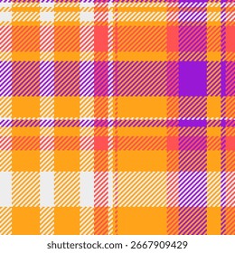 Colorful plaid pattern with orange, purple, coral, and white hues. Textile design with a retro feel, perfect for backgrounds or graphic elements. Warm, vibrant aesthetic.