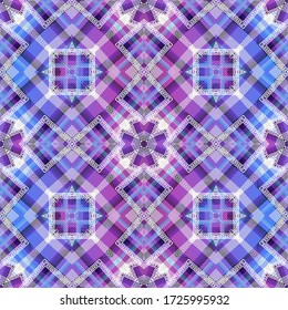 Colorful plaid seamless pattern. Vector textured tartan background. Geometric abstract repeat patchwork backdrop. Stripes, shapes, lines, squares, greek style frames. Modern striped ethnic ornaments.