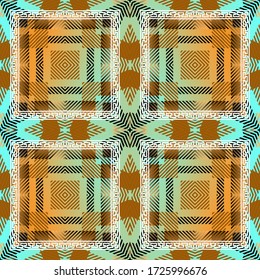 Colorful plaid seamless pattern. Vector textured tartan background. Geometric abstract repeat patchwork backdrop. Stripes, shapes, lines, squares, greek style frames. Modern striped ethnic ornaments.