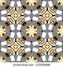 Colorful plaid seamless pattern. Vector textured tartan background. Geometric abstract repeat patchwork backdrop. Stripes, shapes, lines, squares, rhombus, circles. Striped ethnic style ornaments.