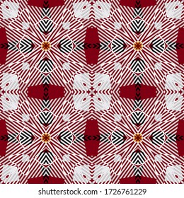 Colorful plaid seamless pattern. Vector textured tartan background. Geometric abstract repeat patchwork backdrop. Stripes, zigzag lines, squares, rhombus, frames. Grunge striped ethnic ornaments.