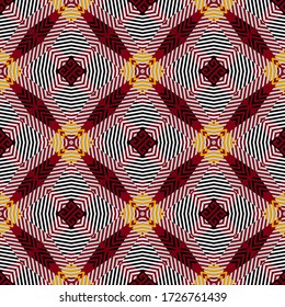 Colorful plaid seamless pattern. Vector textured tartan background. Geometric abstract repeat patchwork backdrop. Stripes, zigzag lines, squares, rhombus, frames. Grunge striped greek style ornament.