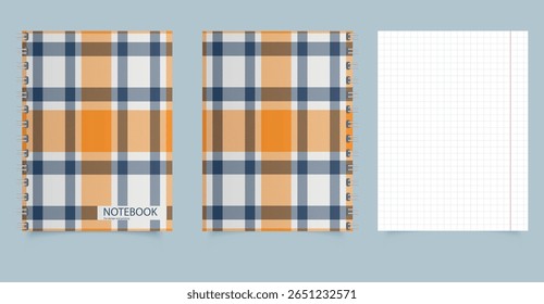 Colorful Plaid Spiral Notebook Mockup with Grid Paper. Ideal for school, college, or office projects. Editable mockup for designers and print use.