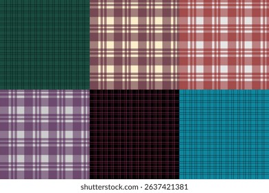 Colorful Plaid and Tartan Pattern Collection Featuring Six Geometric Textile Designs in Pastel and Bold Color Combinations for Fabric, Fashion, and Digital Use