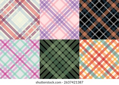 Colorful Plaid and Tartan Pattern Collection Featuring Six Geometric Textile Designs in Pastel and Bold Color Combinations for Fabric, Fashion, and Digital Use