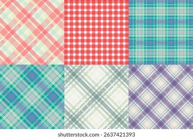 Colorful Plaid and Tartan Pattern Collection Featuring Six Geometric Textile Designs in Pastel and Bold Color Combinations for Fabric, Fashion, and Digital Use