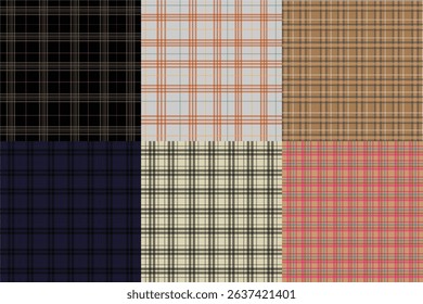 Colorful Plaid and Tartan Pattern Collection Featuring Six Geometric Textile Designs in Pastel and Bold Color Combinations for Fabric, Fashion, and Digital Use