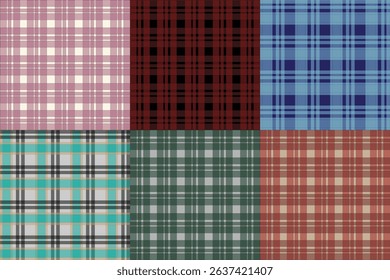 Colorful Plaid and Tartan Pattern Collection Featuring Six Geometric Textile Designs in Pastel and Bold Color Combinations for Fabric, Fashion, and Digital Use