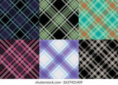 Colorful Plaid and Tartan Pattern Collection Featuring Six Geometric Textile Designs in Pastel and Bold Color Combinations for Fabric, Fashion, and Digital Use