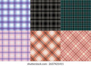 Colorful Plaid and Tartan Pattern Collection Featuring Six Geometric Textile Designs in Pastel and Bold Color Combinations for Fabric, Fashion, and Digital Use