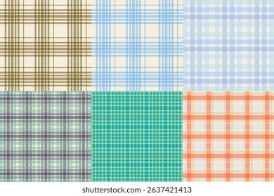 Colorful Plaid and Tartan Pattern Collection Featuring Six Geometric Textile Designs in Pastel and Bold Color Combinations for Fabric, Fashion, and Digital Use