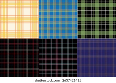 Colorful Plaid and Tartan Pattern Collection Featuring Six Geometric Textile Designs in Pastel and Bold Color Combinations for Fabric, Fashion, and Digital Use
