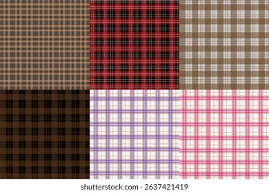 Colorful Plaid and Tartan Pattern Collection Featuring Six Geometric Textile Designs in Pastel and Bold Color Combinations for Fabric, Fashion, and Digital Use