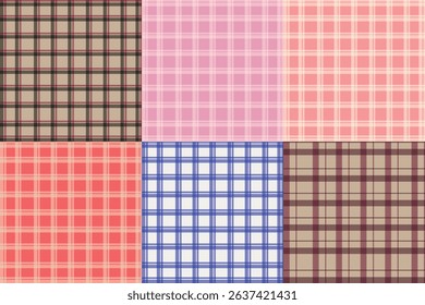 Colorful Plaid and Tartan Pattern Collection Featuring Six Geometric Textile Designs in Pastel and Bold Color Combinations for Fabric, Fashion, and Digital Use