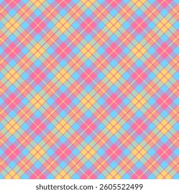 Colorful plaid with twill w repeat pattern.Multicolor gingham checkered tartan seamless pattern in blue pink yellow orange.