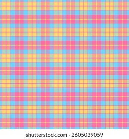 Colorful plaid with twill weave repeat pattern.Multicolor gingham checkered tartan seamless pattern in blue pink yellow orange.