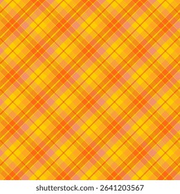 Colorful plaid with twill weave repeat pattern in orange and yellow.Checkered tartan seamless pattern for summer.Geometric graphic vector illustration background design for fabric and prints.