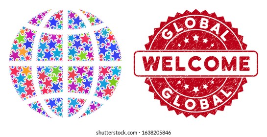 Colorful Planet globe composition of stars, and distress round red WELCOME stamp seal. Abstract geographic plan in colorful color hues. Vector planet globe is formed of colorful stars.