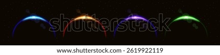 Colorful Planet Horizon Glow Set – Vector Space Eclipse with Sunrise Flare and Crescent Planet Edge in Blue, Red, Purple, and Green