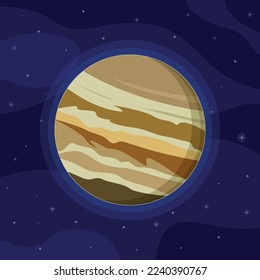 Colorful planet. Jupiter and stars on a dark blue background. Jupiter icon. Vector illustration in cartoon style.