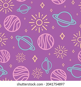 Colorful planet repeat pattern print purple background design. Seamless vector illustration. Great for kids and fun projects. Surface pattern design.