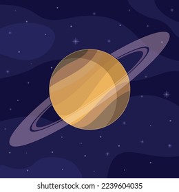 Planeta colorido con anillos. Saturno y estrellas de fondo azul oscuro. Icono de Saturno. Ilustración vectorial al estilo de las caricaturas.