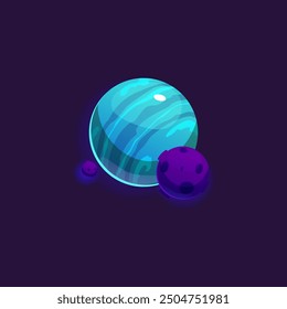 Colorful planetary scene with blue and purple planets. Vector illustration of space elements, including one large blue planet and two smaller purple moons. Ideal for game design or educational