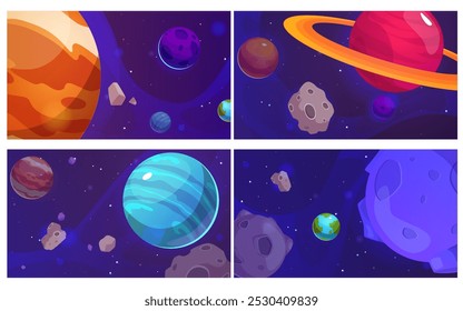 Colorful planets and asteroids in outer space. Vector illustrations depict various planets with rings, craters, and vibrant colors against a dark starry background. Perfect for space-themed designs