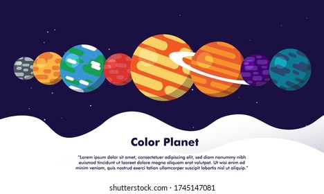 Colorful planets in flat vector illustration for background, banner or cover. 
