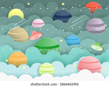Colorful planets in the galaxy among stars ,comets and UFO paper art vector