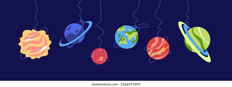 Colorful planets hanging on strings on outer space background. Vector illustration in flat style.