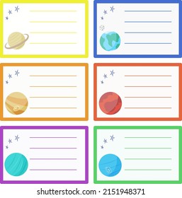 Colorful Planets. Notebook Name Stickers with Saturn, Jupiter, Uranus, Earth, Mars and Neptune.