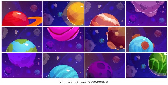 Colorful planets in outer space. Vector illustration set of various planets with unique designs, surrounded by asteroids and stars. Perfect for space-themed games, apps, or educational materials.