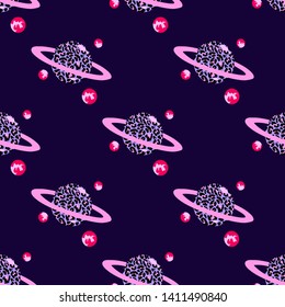 Colorful planets seamless pattern. Dark blue background. Outer space vector wallpaper. 