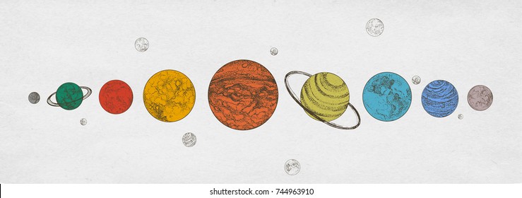 Colorful planets of Solar system arranged in horizontal row against monochrome background. Celestial bodies in outer space. Natural cosmic objects. Gorgeous semi-colored vector illustration.