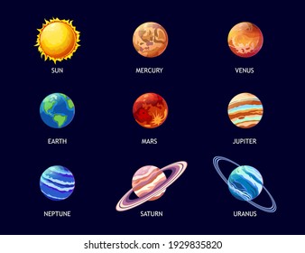 Colorful planets of solar system flat pictures set for web design. Cartoon Jupiter, Mars, Venus, Earth, Neptune, Mercury and sun isolated vector illustrations. Galaxy and astronomy concept