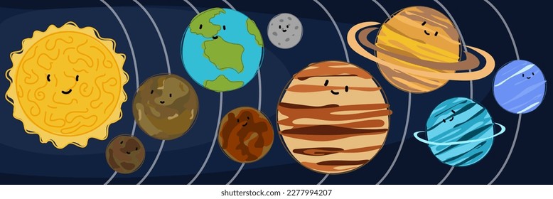 Colorful planets of the solar system in order with lines in space. Cartoon bright planets of the solar system moving around the sun in their orbits on a blue background. Space adventures, illustration
