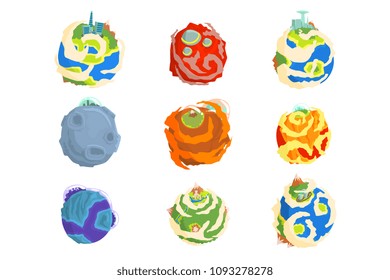 Colorful planets of the solar system set for label design. Cartoon detailed vector Illustrations