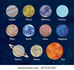 Planetas coloridos y espacio por acuarela