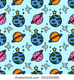 Colorful planets and stars seamless pattern