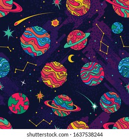 Colorful Planets and Stars in the Universe Seamless Pattern. Background Wallpaper