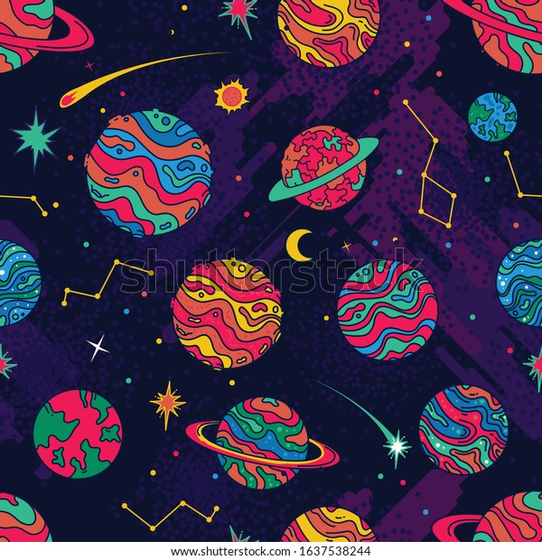 Colorful Planets Stars Universe Seamless Pattern Stock Vector (Royalty ...