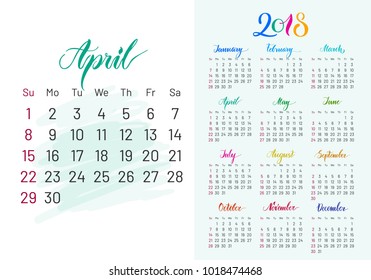 Colorful planner, 2018, April separately, white-blue background, lettering, artboard. Stylish annual calendar for modern people. Vector illustration of chart