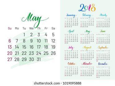Colorful planner, 2018, May separately, white-blue background, lettering, artboard. Stylish annual calendar for modern people. Vector illustration of chart