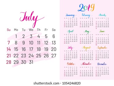 Colorful planner, 2019, July separately, white-blue background, lettering, artboard. Stylish annual calendar for modern people. Vector illustration of chart